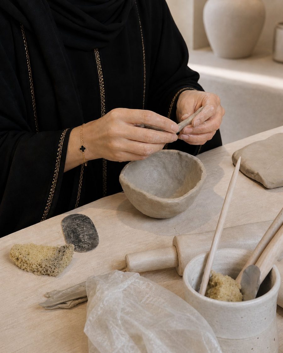 Hands centring clay on a pottery wheel during a ROA Art workshop